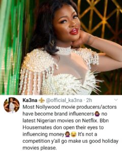 Stop Competing With BBNaija Housemates – Ka3na Shades Nollywood Actors