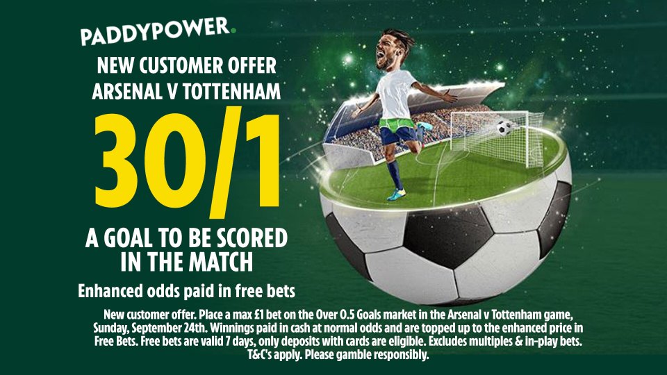 Arsenal vs Tottenham: Get 30/1 for 1+ goal to be scored in Sunday’s North London derby with Paddy Power