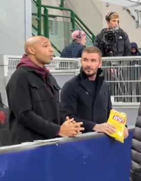 Awkward moment David Beckham left ‘fuming’ with Thierry Henry as pair caught on camera at AC Milan vs PSG