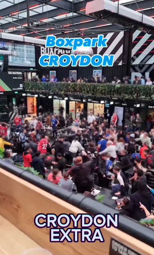 Shocking moment football fans fight while watching Carabao Cup at BoxPark as men punch each other and throw drinks