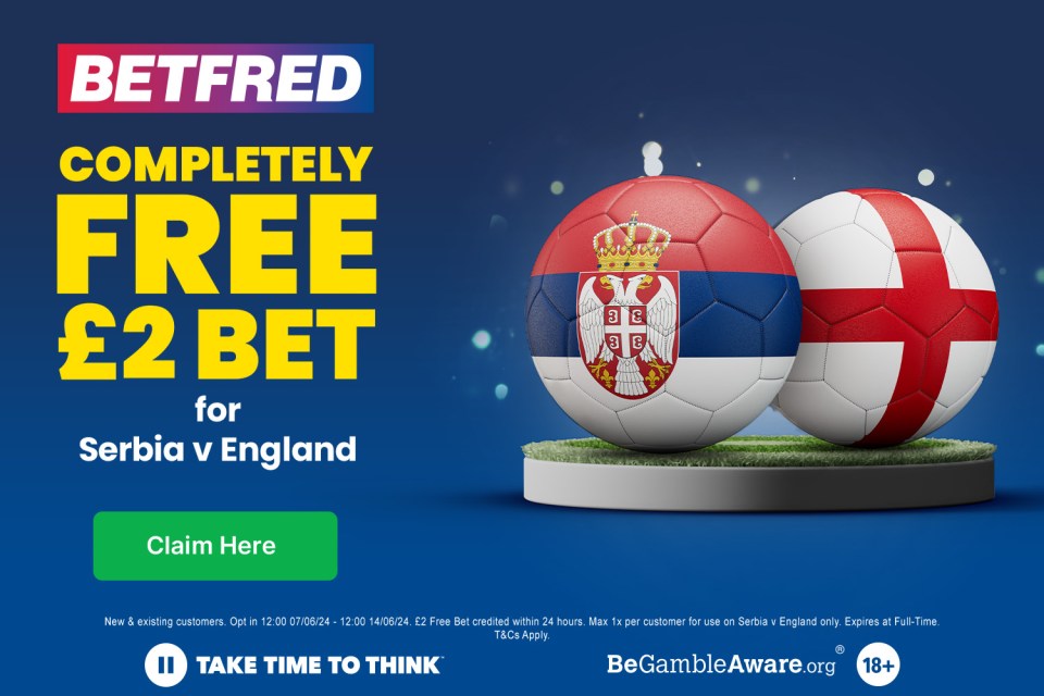 Claim a completely FREE £2 bet for Serbia vs England at Euro 2024 with Betfred