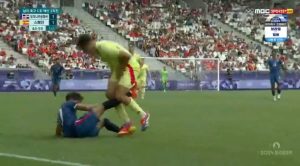 Olympics footy star wins ‘gold medal for stupidity’ after kicking Spain ace straight in the balls