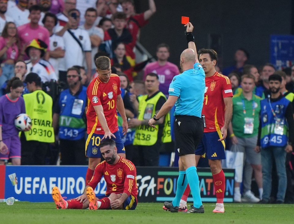 Fans call sent-off Dani Carvajal a ‘genius’ as 3 Spain stars BANNED for semi-final after Anthony Taylor flashes cards