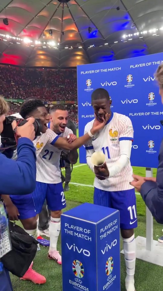 Watch France stars’ bizarre antics as Ousmane Dembele collects Player of the Match award after win over Portugal