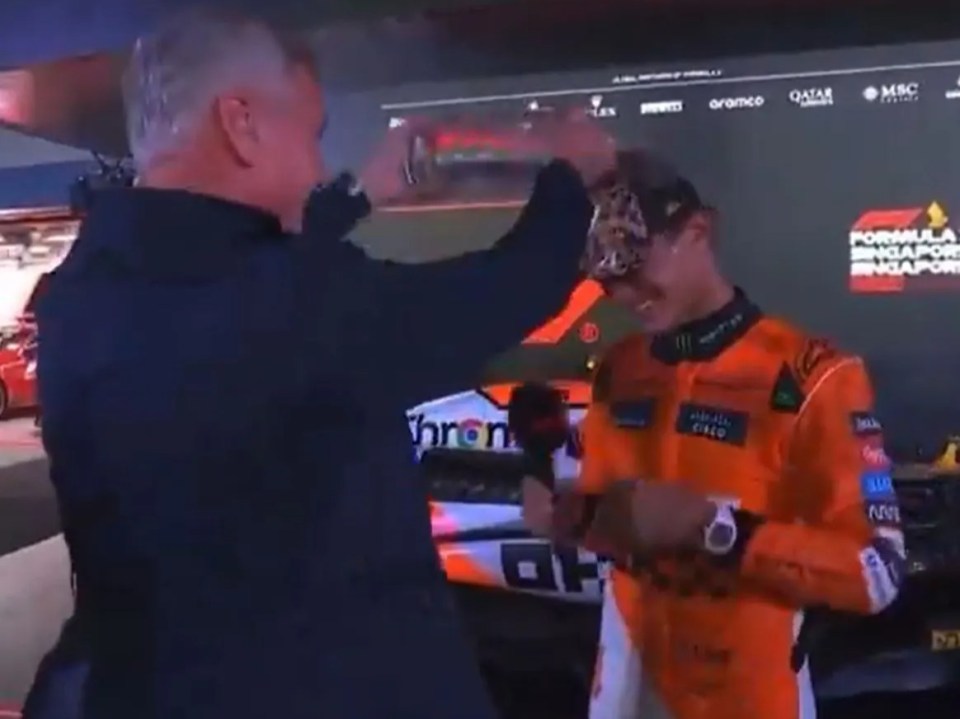 Emotional Lando Norris hugs F1 legend after Sky Sports presenter soaks McLaren star with water to ‘help out’