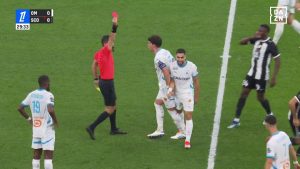 Premier League cult villain Neal Maupay laughs are being sent off for Marseille with two bookings in three minutes