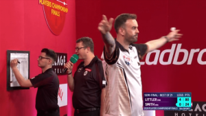 Luke Littler’s opponent celebrates wildly after finally winning a leg against him at darts Players Championship