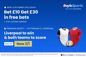 Tottenham vs Liverpool: Get £30 free bets and £10 casino bonus with BoyleSports, plus 3/1 price boost